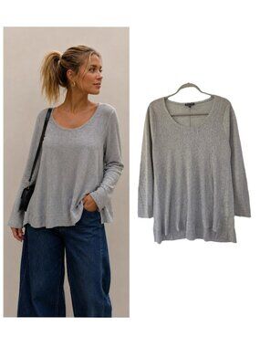 Eileen Fisher Linen Blend Lightweight Long Sleeve Top Heather Gray M